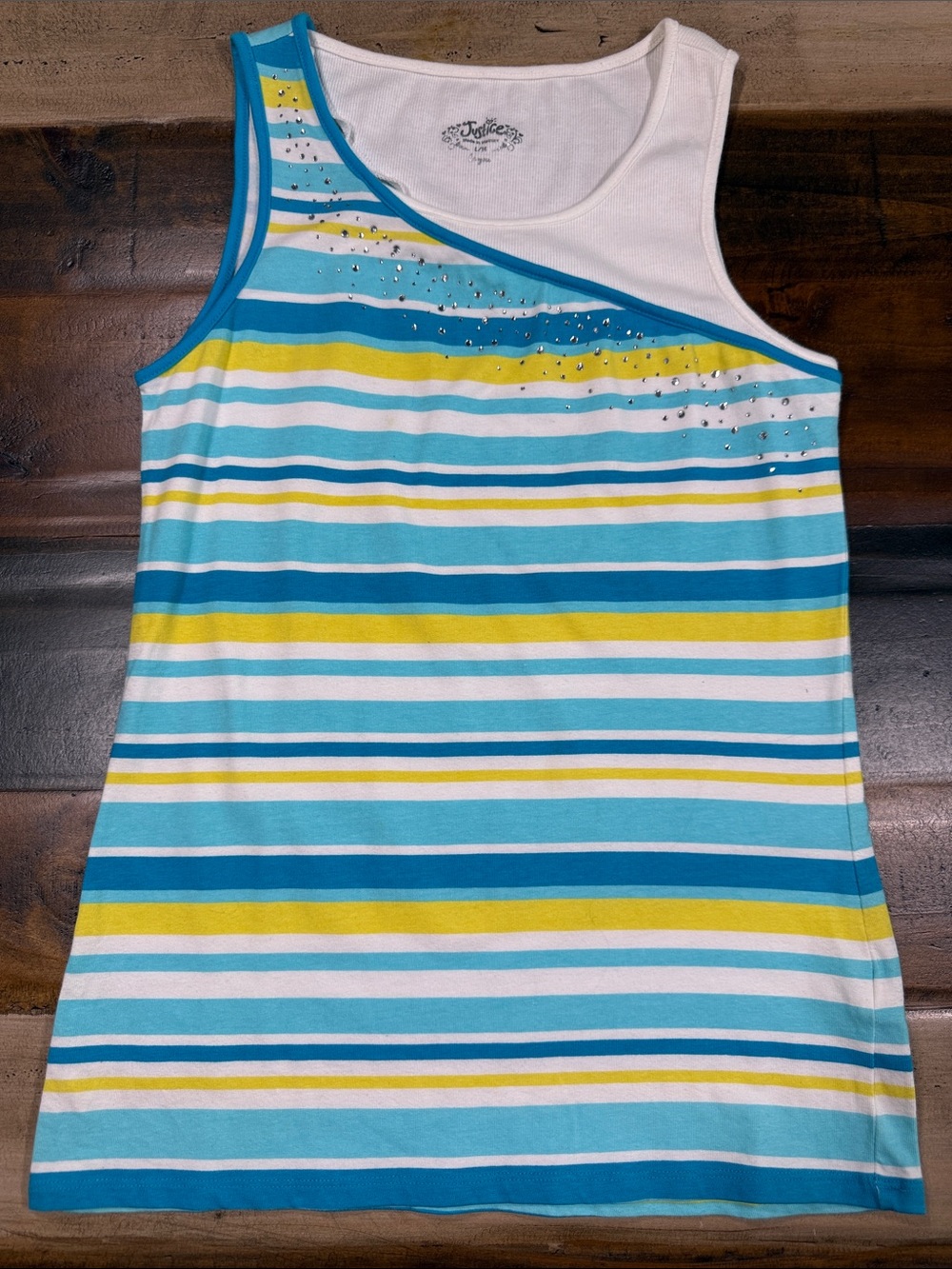 Girls' Striped One-Shoulder Tank Top - Teal, White & Yellow